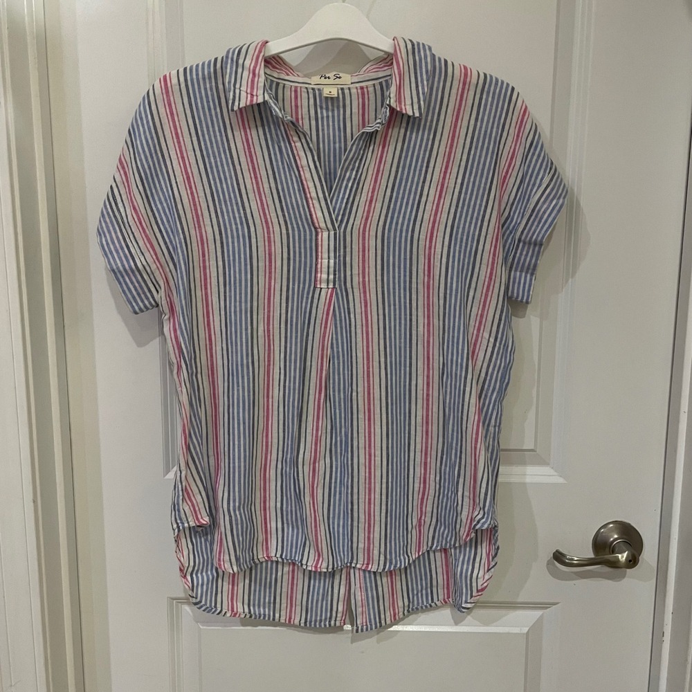 Per Se Womens Small Blue Pink Striped Linen Cotton Blend Short Sleeve Blouse Top
